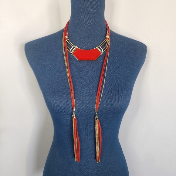 Long Adjustable Necklace Red Suede Leather and Gold Chain with Bid - Picture 3 of 7